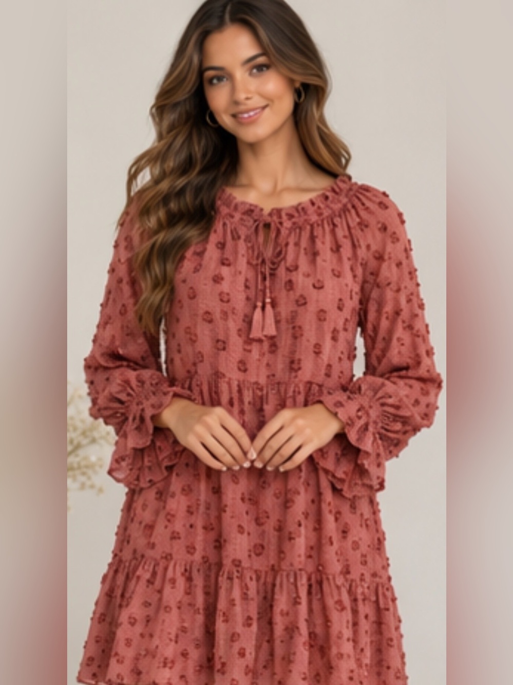 Aakaa Dusty Rose Textured Tassel Tie Blouse